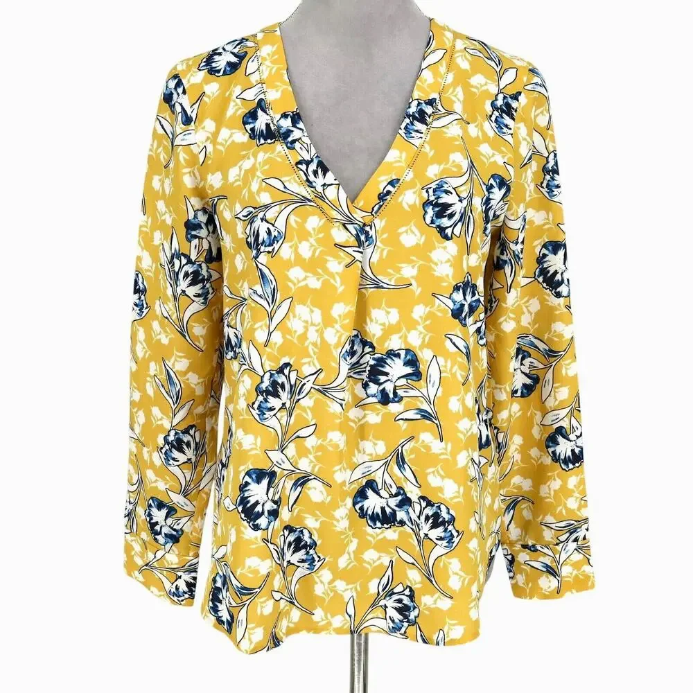 J Crew Top Womens Small Gold Blue White Floral Tunic Blouse Pullover V-neck
